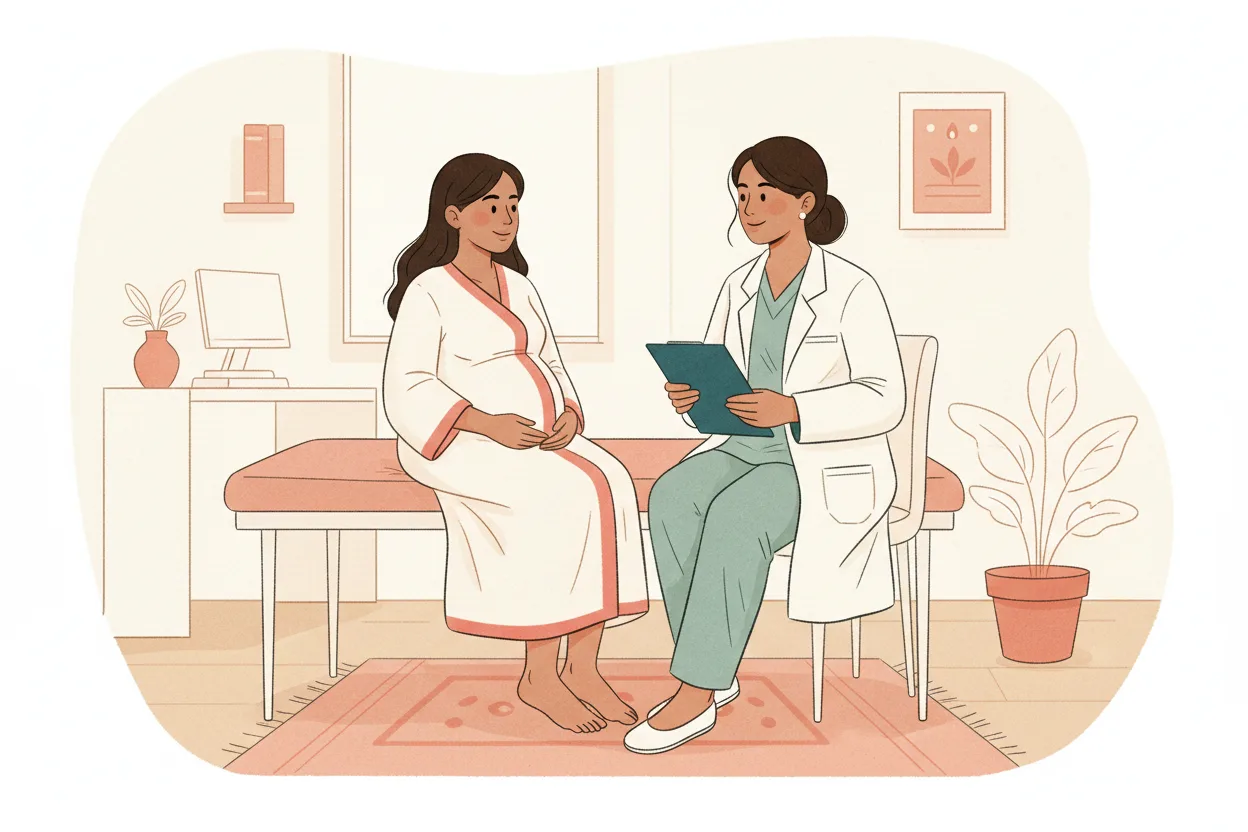 An Indian pregnant woman in a robe sitting on an exam table, calmly talking with a female doctor holding a clipboard in a clean, modern consultation room