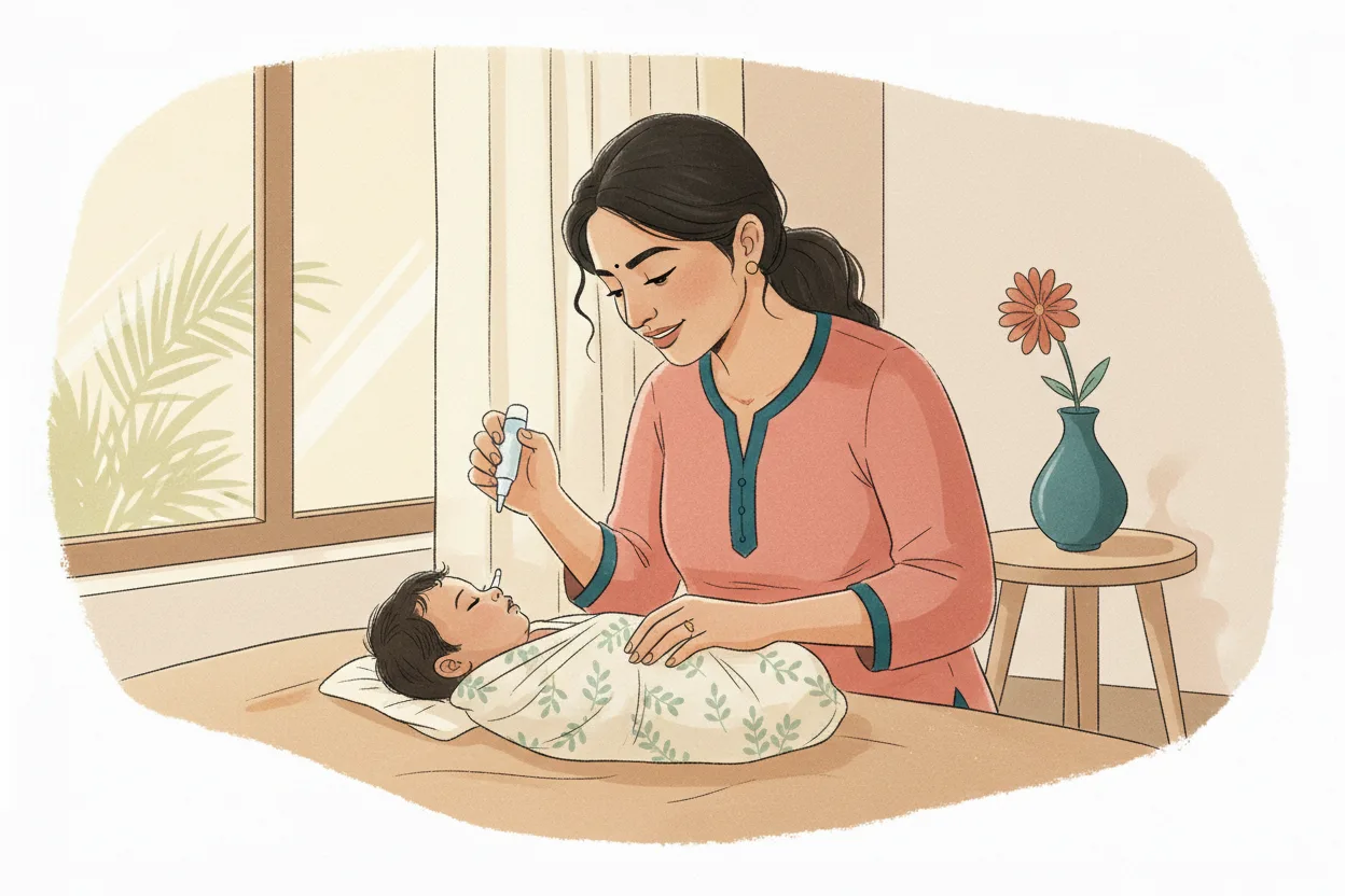 Indian mother in a pink kurta applying saline nasal drops to her swaddled baby lying calmly in a bright modern home