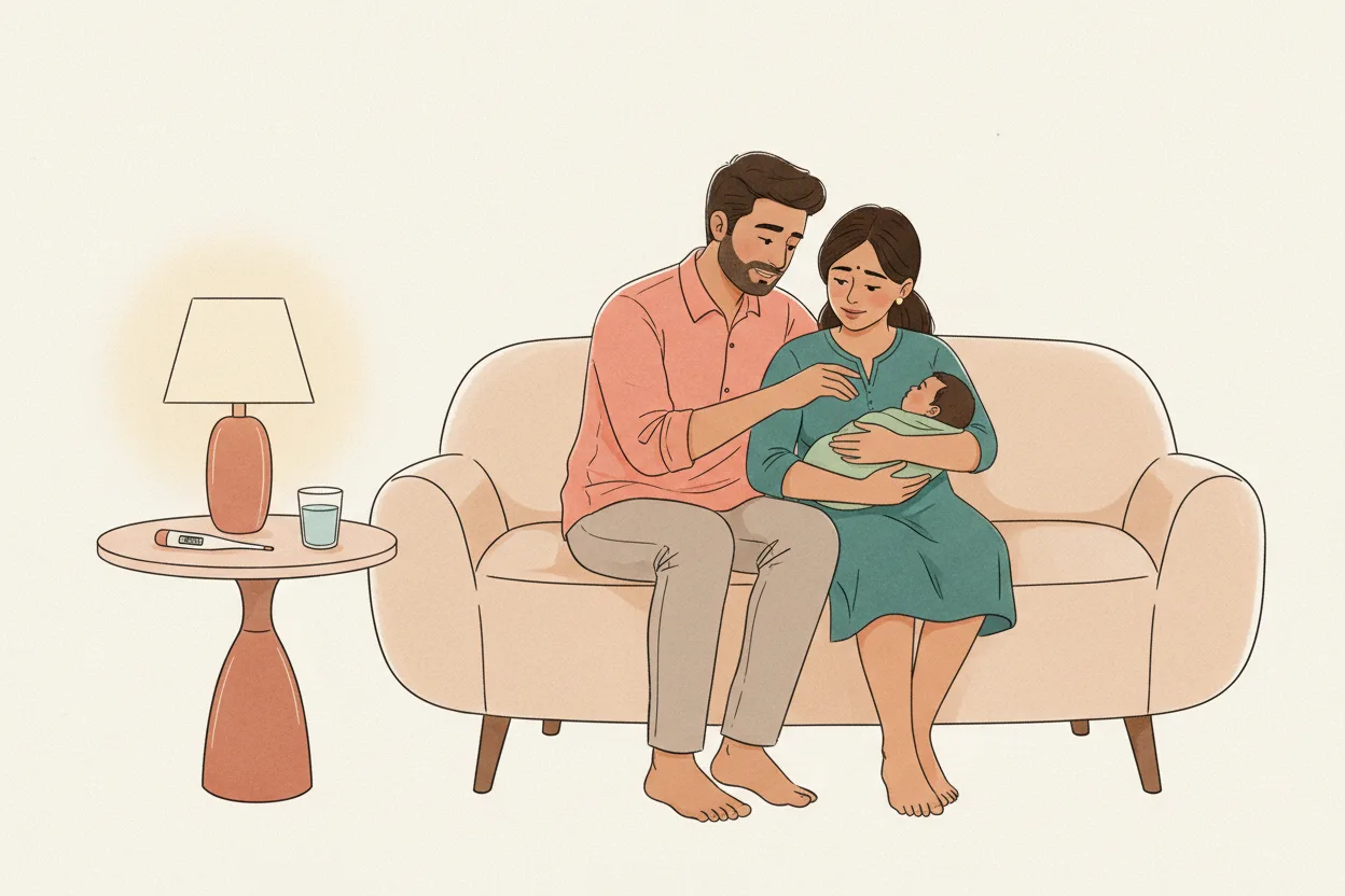 An Indian mother and father sitting close together on a sofa in the evening, both looking with gentle concern at the baby in the mother's arms, a thermometer and glass of water on the side table beside them