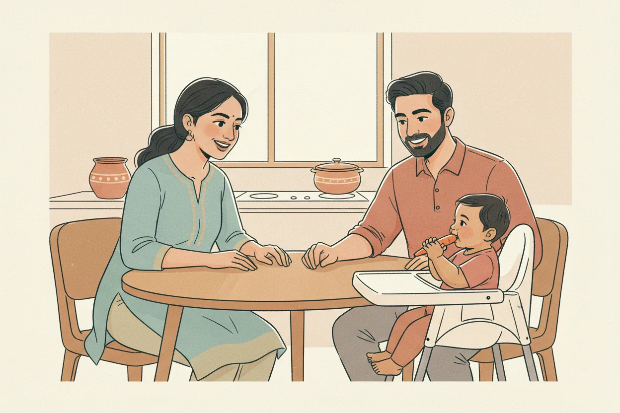Illustration of a modern Indian mother and father at their dining table smiling and watching their baby self-feed a piece of finger food while seated in a high chair