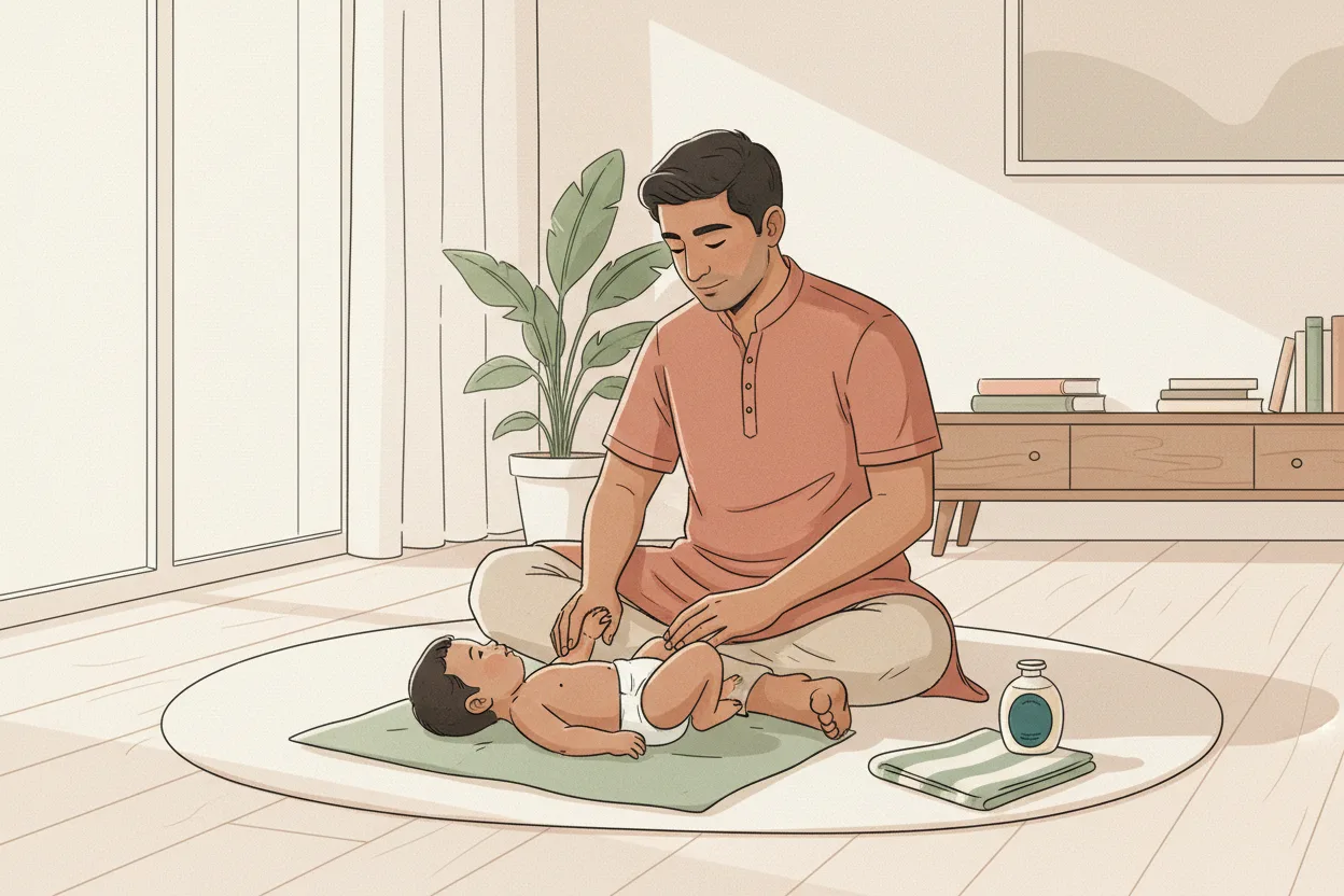 Illustration of an Indian father sitting cross-legged on a mat, gently massaging his diaper-clad baby's arm with oil in a bright, modern living room