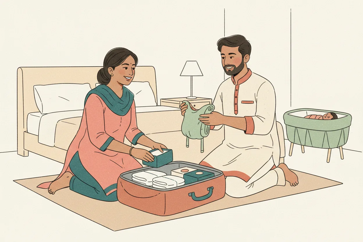 An Indian mother and father kneeling together beside an open suitcase on a bedroom rug, sorting folded baby items into it while their newborn sleeps in a bassinet nearby