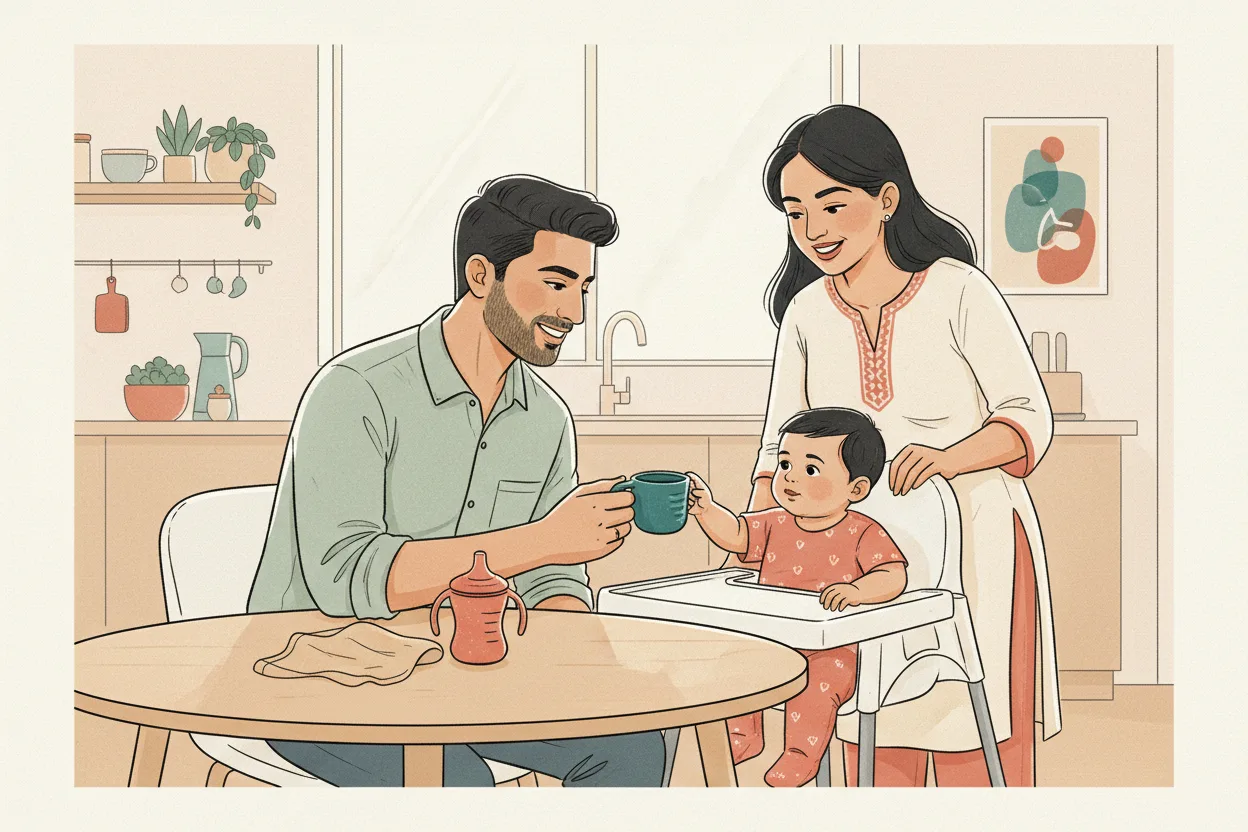 An Indian father offers a small cup of water to his baby in a high chair while the mother looks on smiling, at home