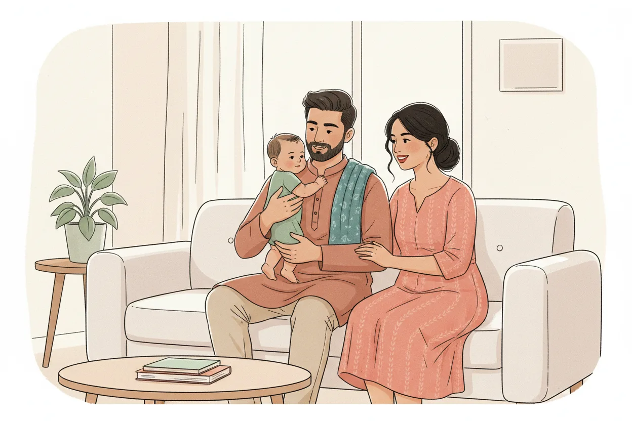 Illustration of a modern Indian father gently burping his baby against his shoulder with a muslin cloth on a couch, the mother sitting close beside them smiling, in a clean bright living room
