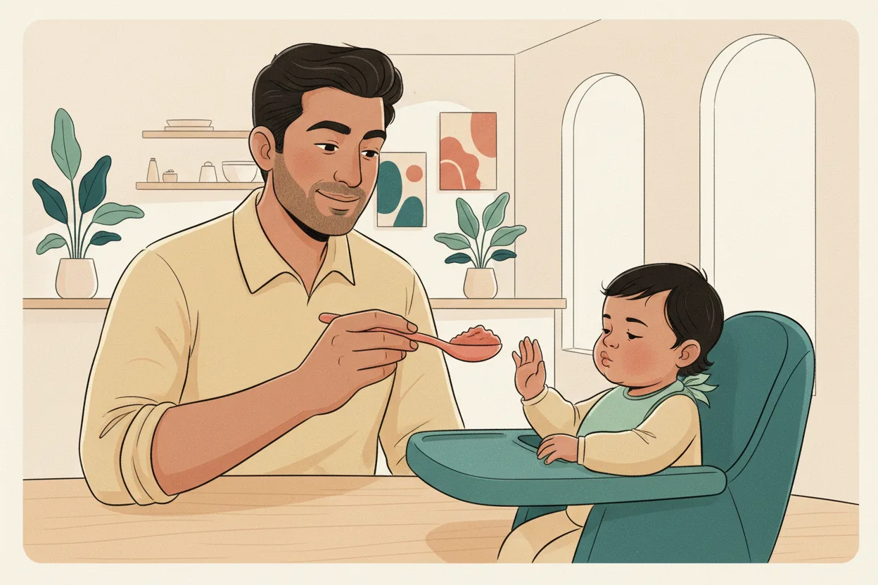 An Indian father calmly offers a spoon to his baby, who turns her head away and pushes it away with her hand