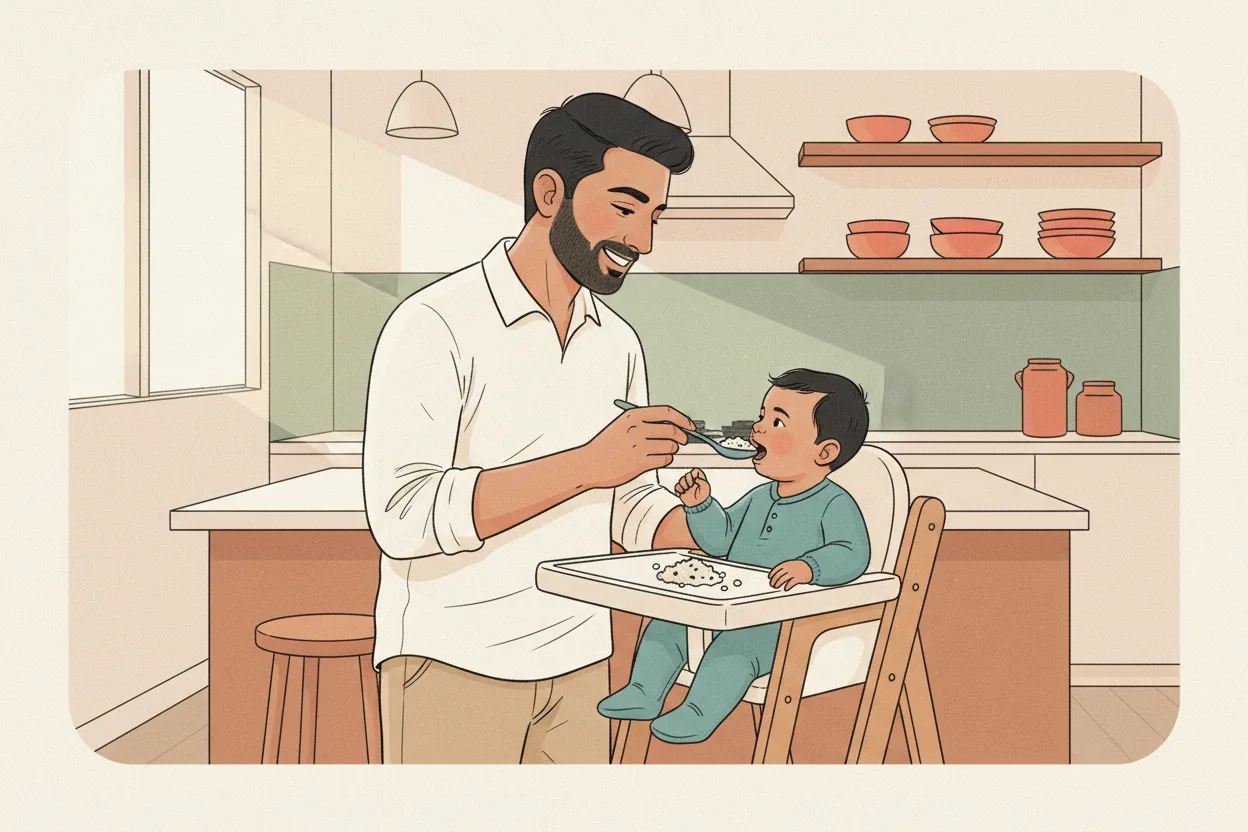 Illustration of an Indian father smiling as he spoon-feeds mashed dal and rice to his baby seated in a high chair in a bright, modern home kitchen