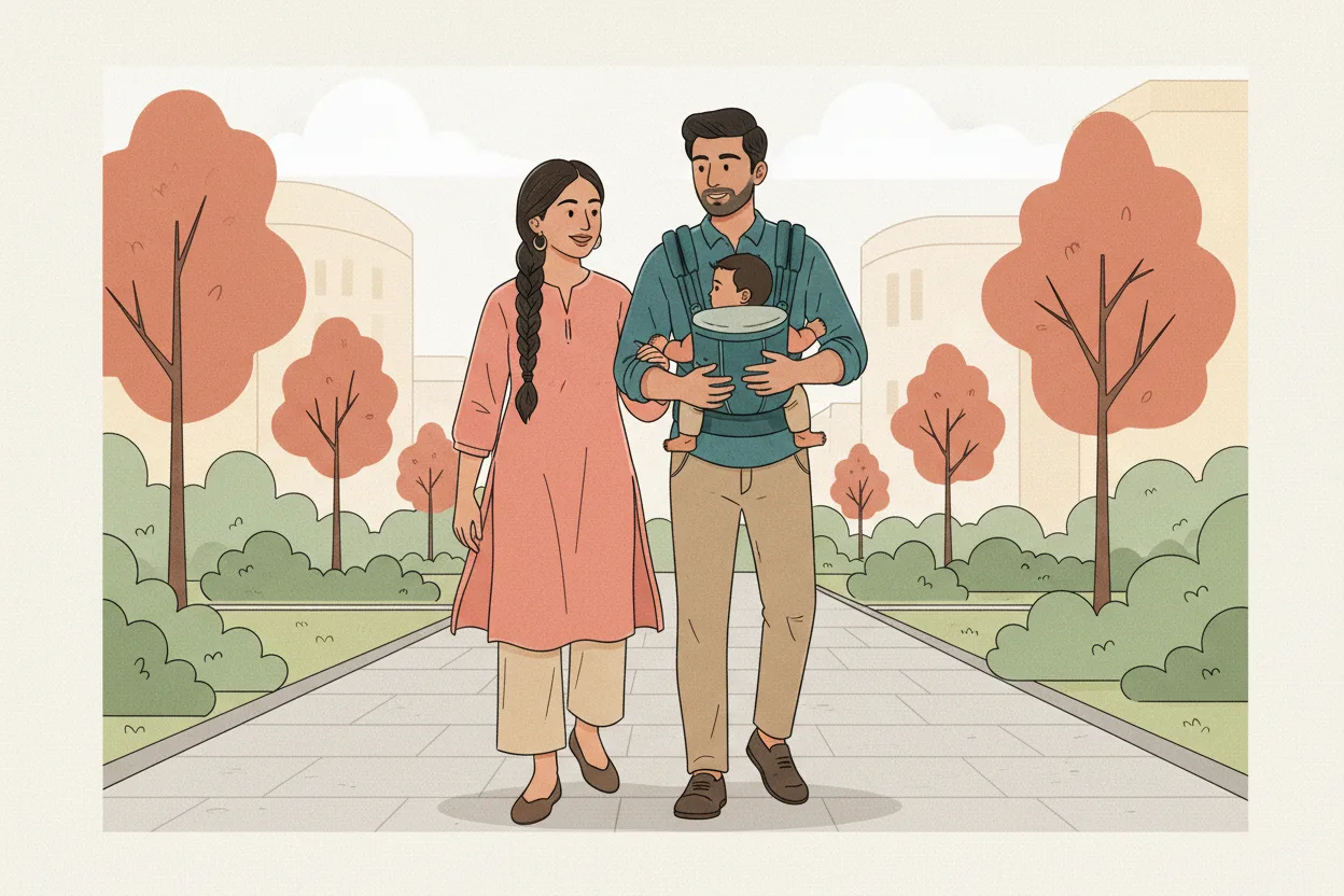 Illustration of a modern Indian father wearing a soft-structured baby carrier on his front with his baby facing him, walking beside the mother on a clean city park path