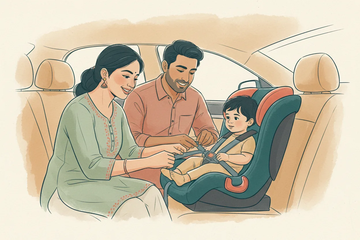 Illustration of an Indian mother and father together in the back seat of a car, buckling their toddler son into a forward-facing car seat with a five-point harness