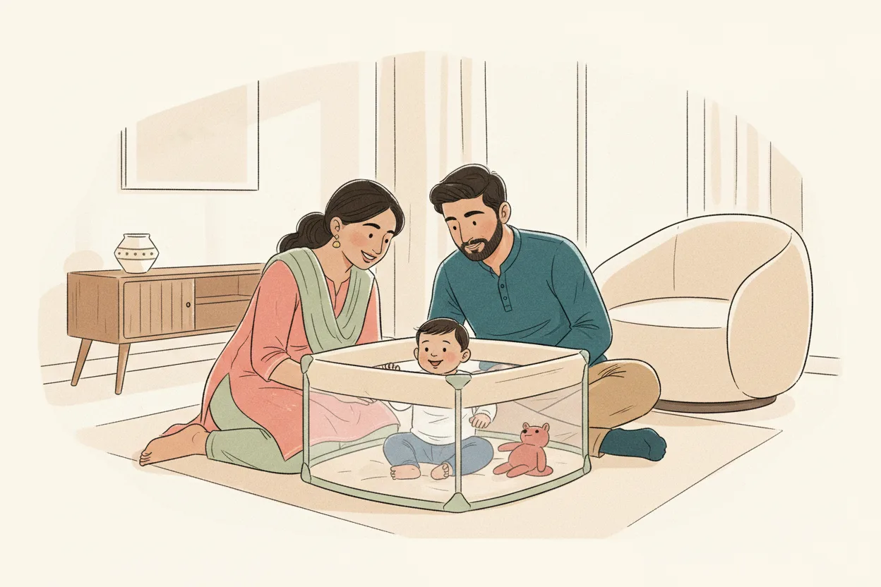 An Indian mother and father kneeling together beside a mesh playpen in a bright, modern living room, both smiling down at their baby who sits inside playing with a soft toy