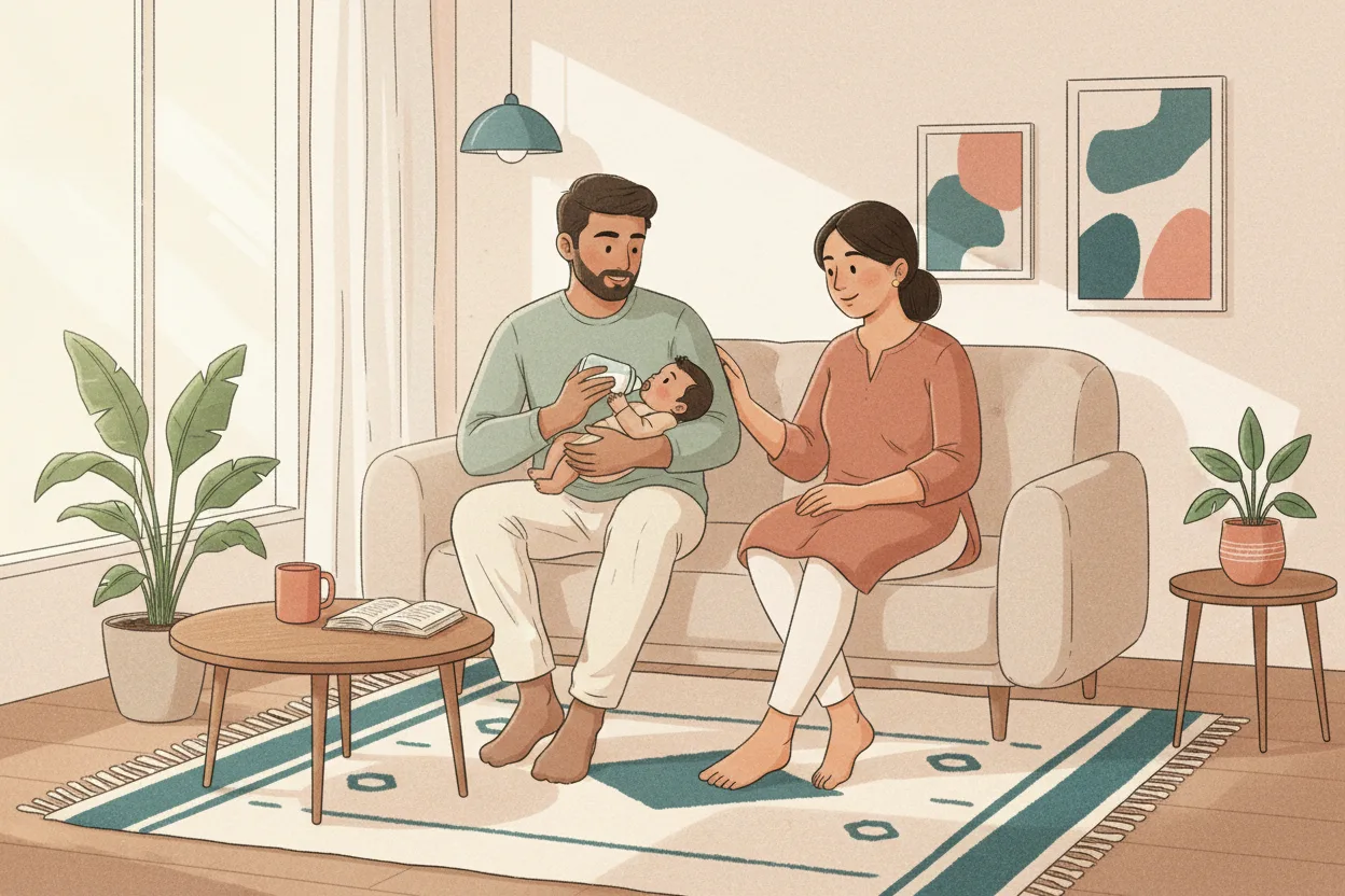 An Indian father feeds his baby a bottle on the sofa while the baby's mother sits close beside them, smiling, in a bright modern living room.