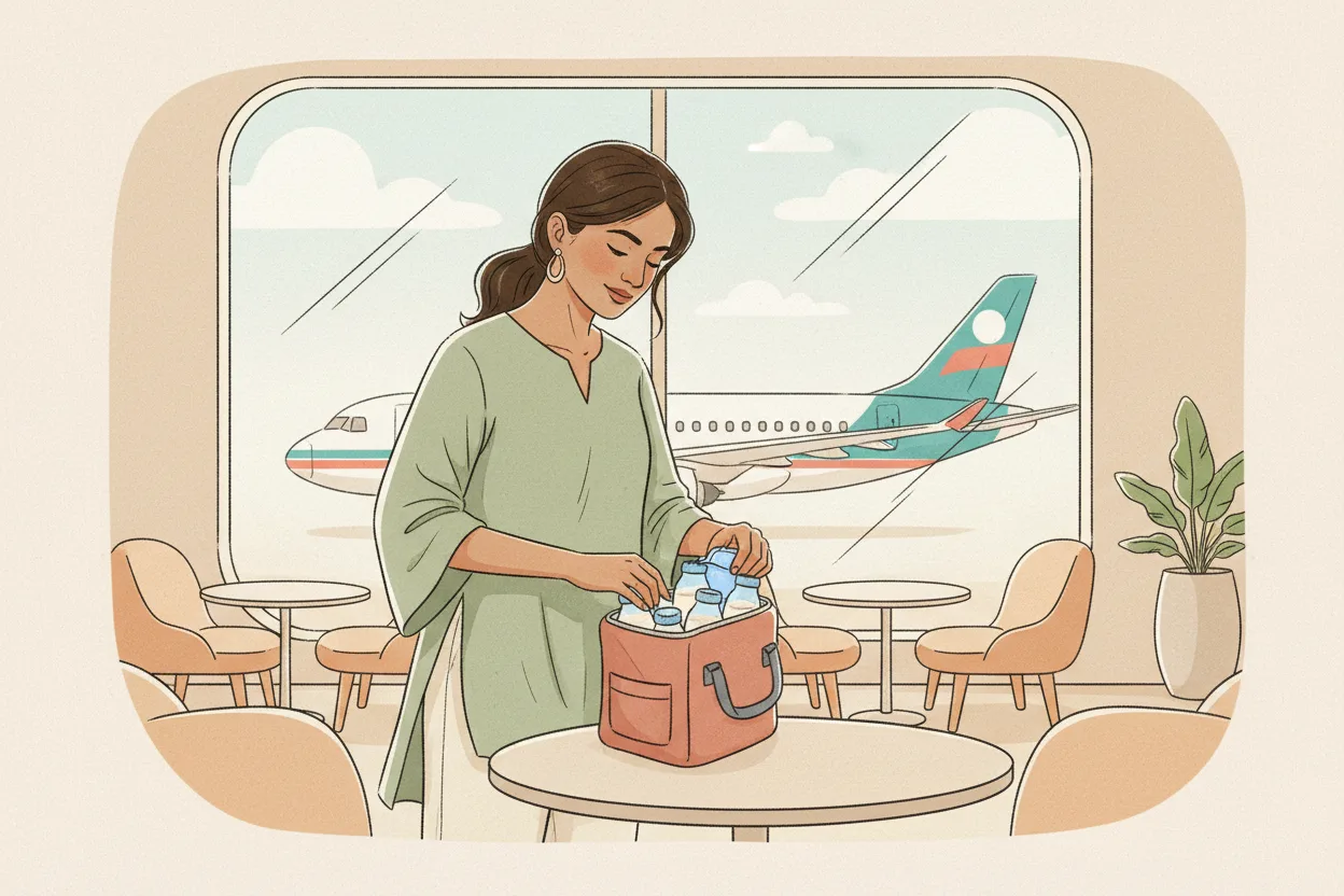 Illustration of a modern Indian mother at an airport lounge packing breast milk storage bottles and gel ice packs into an insulated cooler bag, with an airplane visible through the terminal window