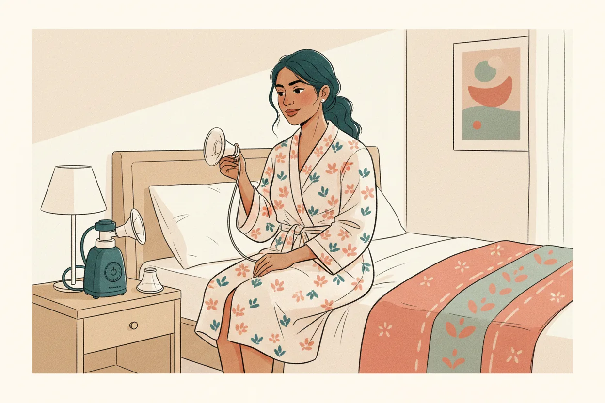 An Indian mother in a robe sitting on her bed, holding a breast pump flange up to examine its fit while the electric pump and a spare flange sit on the nightstand beside her