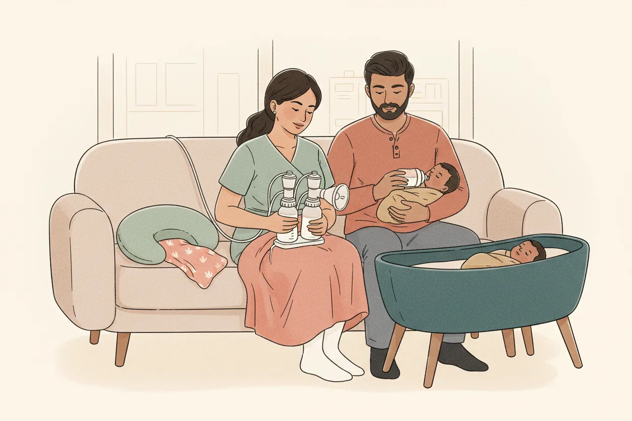 Illustration of an Indian mother using a double electric breast pump while her husband feeds one of their twin newborns a bottle beside her, the second twin asleep in a bassinet nearby