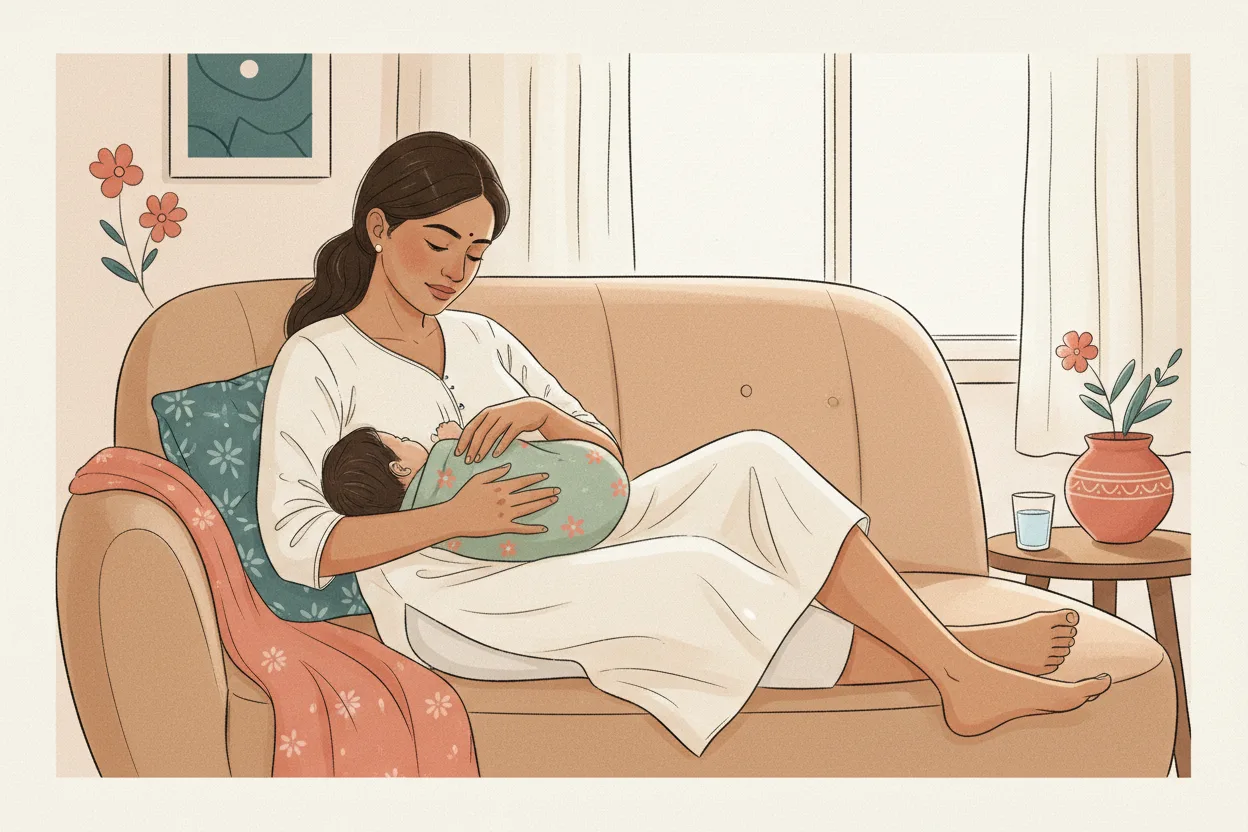 Indian mother in white salwar kameez nursing her newborn in a comfortable laid-back position on a sofa in a warm modern home