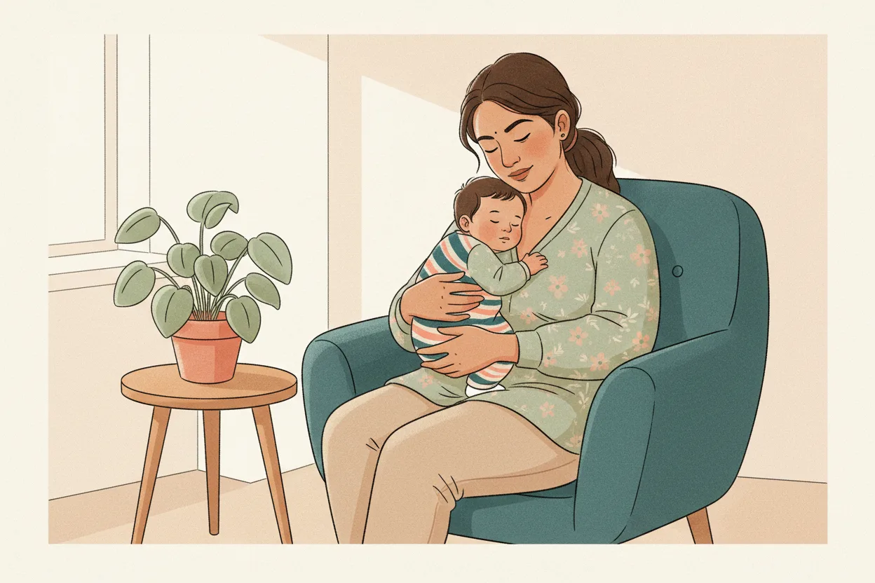An Indian mother sits in a cozy armchair at home, holding her calm, content baby against her shoulder after a feed, the baby's hands relaxed and open