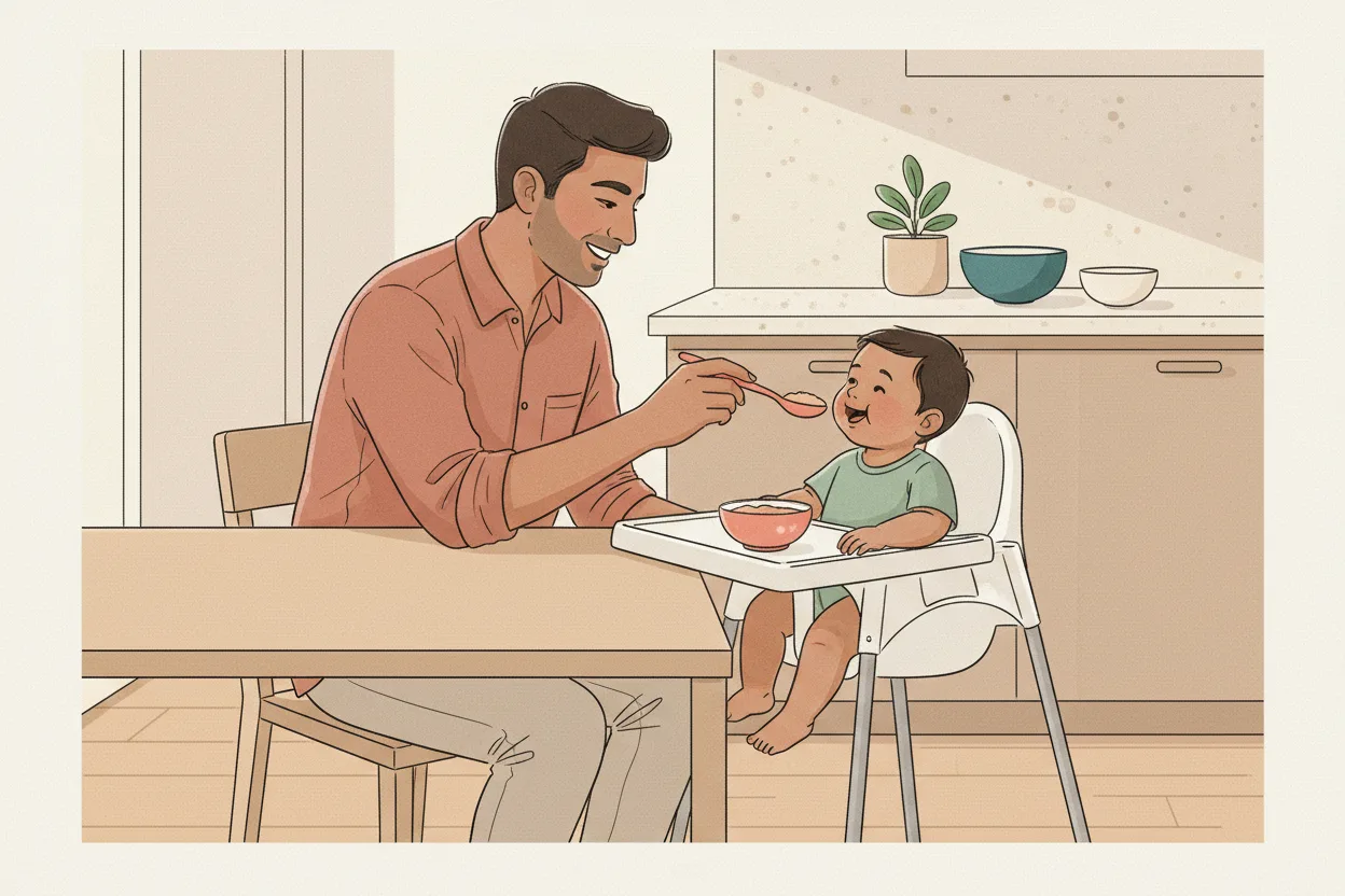 Illustration of an Indian father feeding his smiling baby son a spoonful of food, the baby seated in a simple white plastic high chair with a tray at the kitchen table