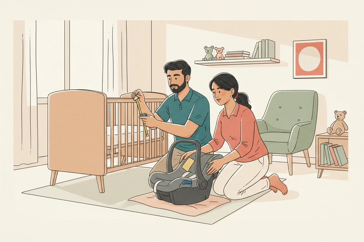 An Indian father measuring the slat gap on a second-hand crib with a tape measure while the mother inspects a used infant car seat beside him in a bright home nursery