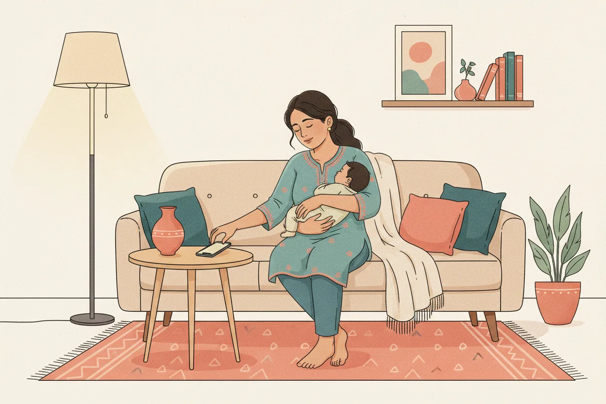 An Indian mother in a modern living room setting her phone face-down on the side table while calmly holding her sleeping baby on the couch in the evening