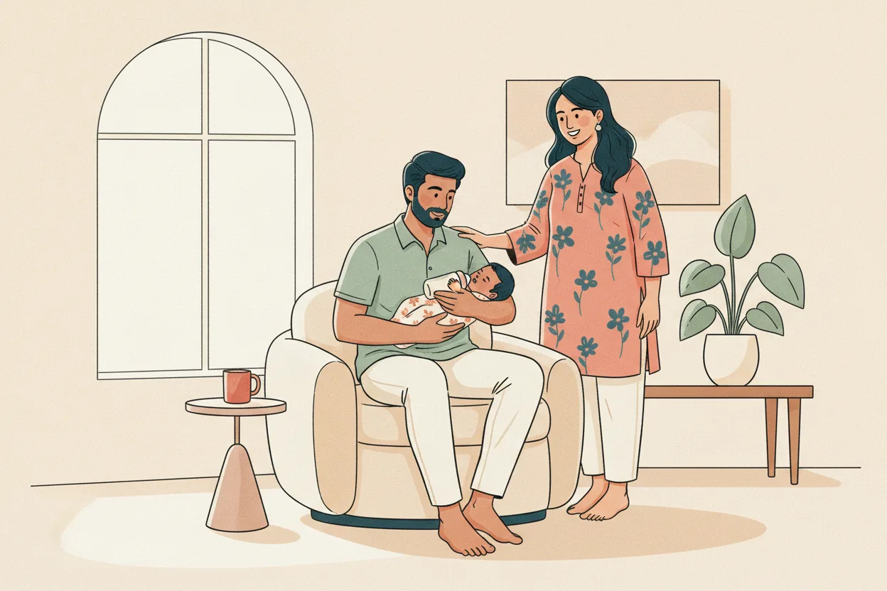 An Indian father bottle-feeds his newborn in an armchair at home while the baby's mother stands beside him, smiling and resting a hand on his shoulder