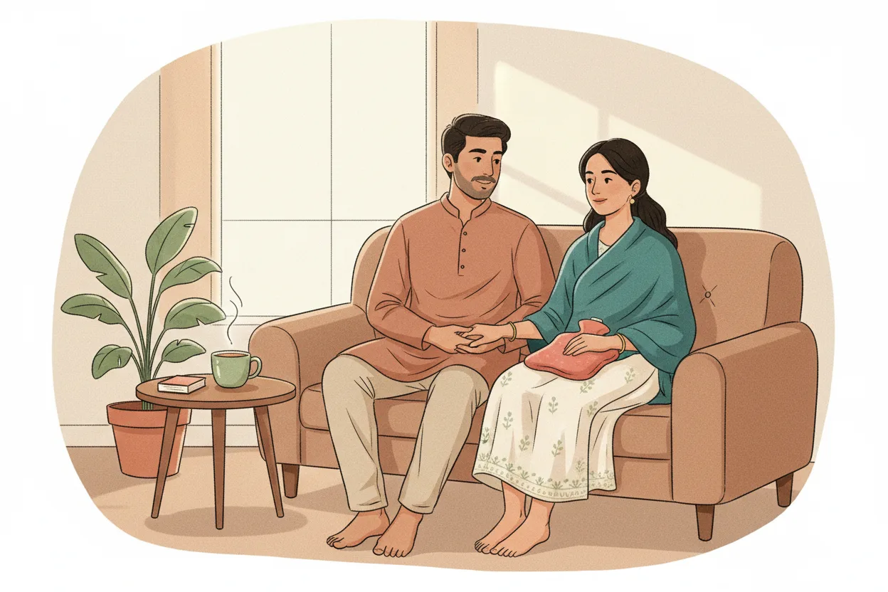 An Indian husband gently holds his wife's hand as she rests on a sofa at home wrapped in a shawl with a hot water bag on her lap, a warm cup of tea nearby