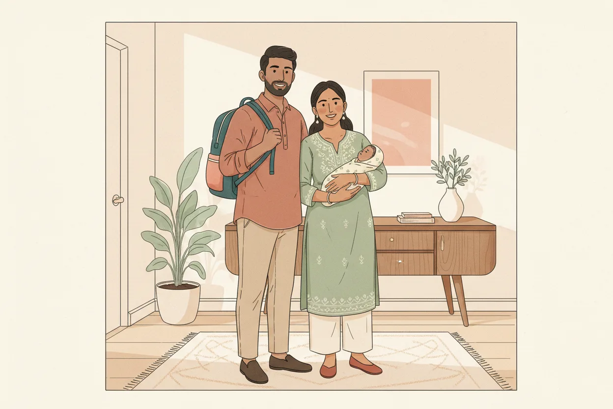 Illustration of a modern Indian father wearing a diaper bag backpack on both shoulders standing beside the mother, who is holding their newborn, in a clean bright home entryway