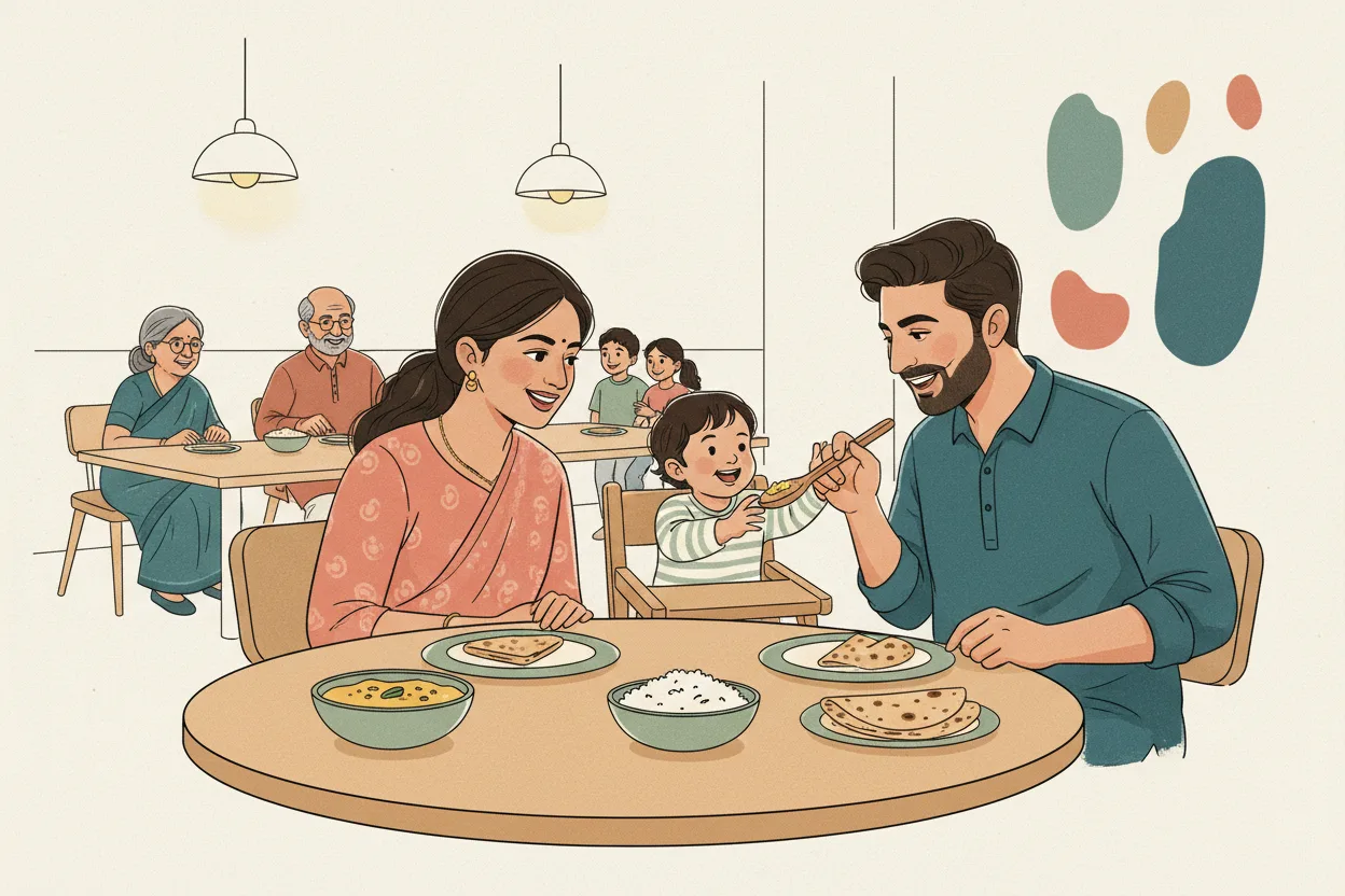 An Indian mother and father sit at a restaurant table feeding their happy toddler in a high chair, with grandparents and cousins at a nearby table in a warm, modern restaurant
