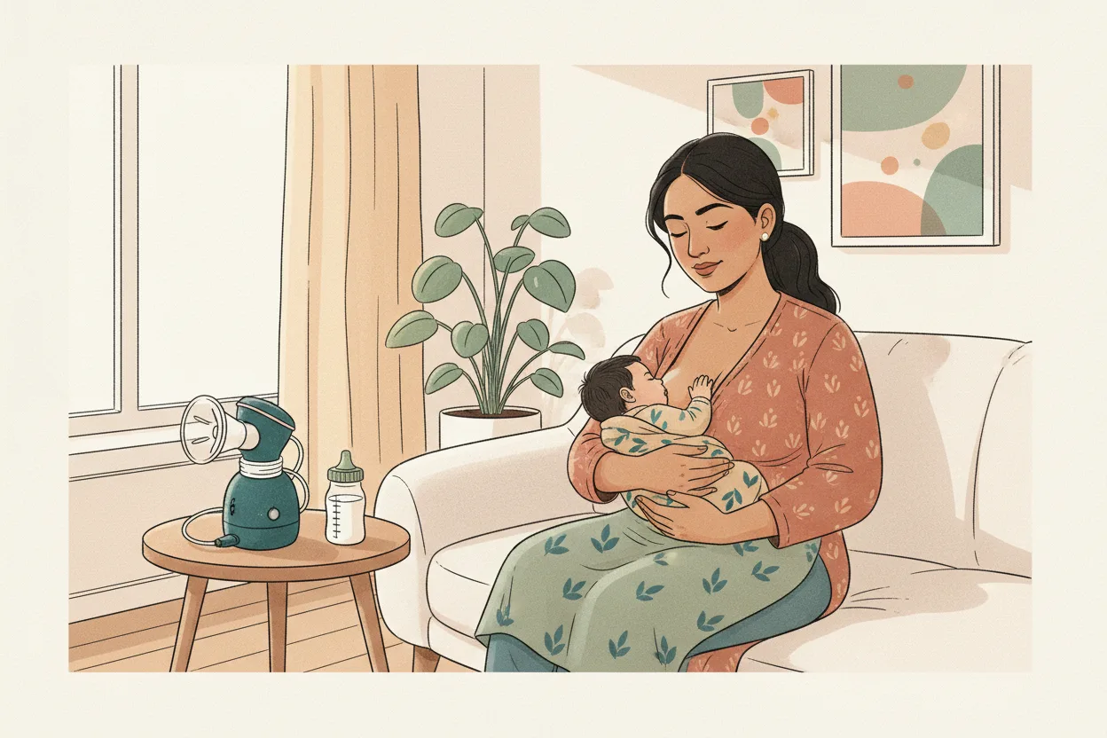 An Indian mother sits on a white sofa nursing her newborn baby while a breast pump and expressed milk bottle sit on the side table beside her — illustrating the choice between breastfeeding and exclusive pumping
