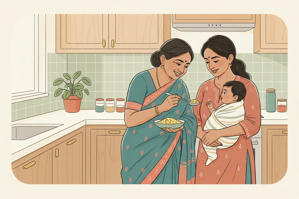 An Indian grandmother in a saree offers a spoonful of home-cooked food to a baby while the baby's mother looks on closely in a modern kitchen