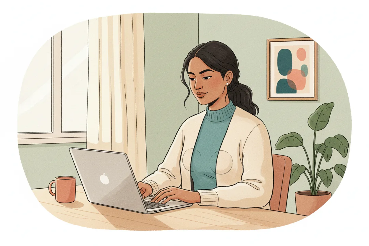 Illustration of an Indian mother in a modest turtleneck and cardigan working calmly on her laptop at home while wearing a hands-free pumping bra with a wearable breast pump under her clothing