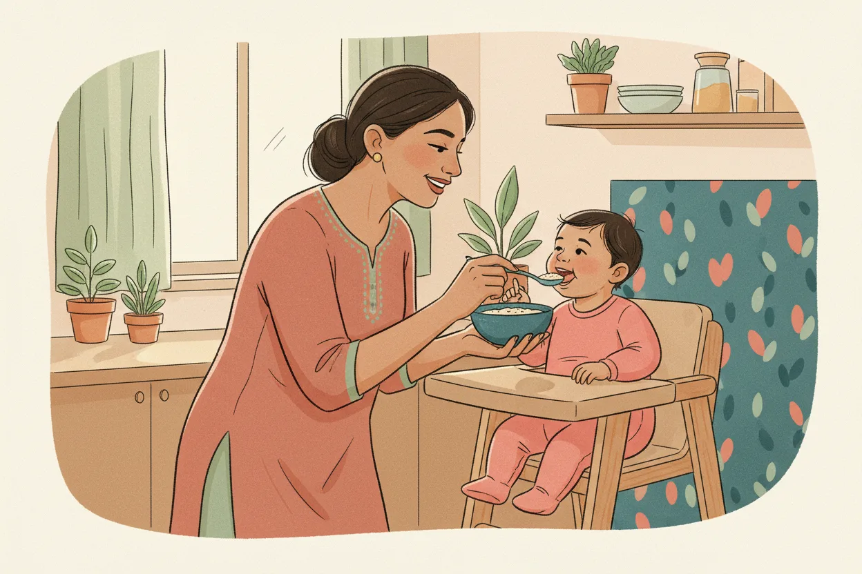 Indian mother in a pink kurta smiling as she spoon-feeds ragi porridge to her baby seated in a wooden high chair in a bright modern kitchen