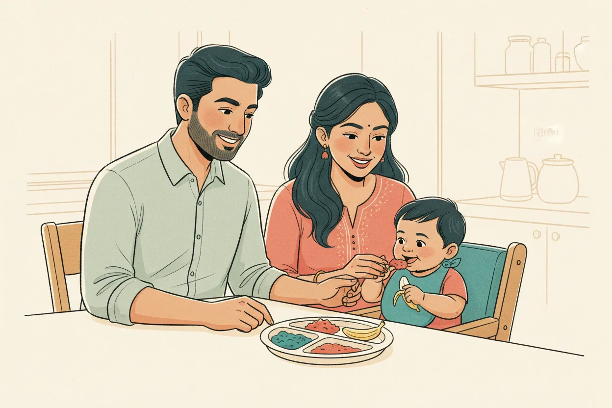 An Indian father and mother sit with their baby in a high chair at a clean, bright dining table, smiling as the baby self-feeds soft mashed food and banana pieces from a divided plate.