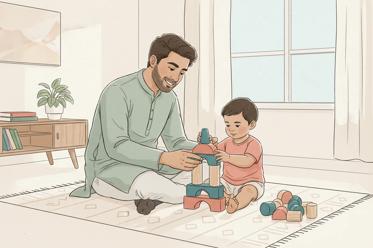 An illustration of an Indian father and his toddler sitting on a rug, building a tower together out of colorful wooden blocks in a bright, modern living room.