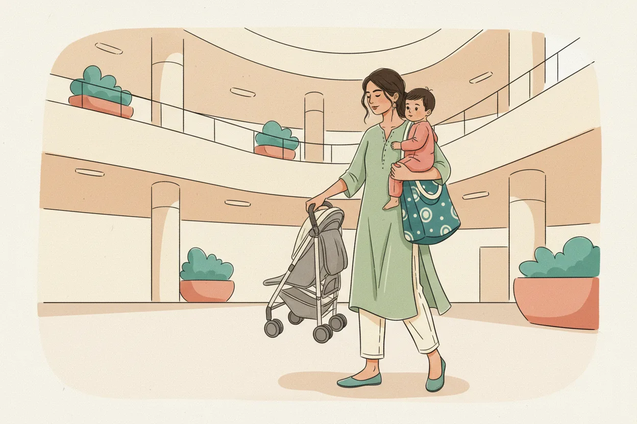 An Indian mother alone in a modern mall folds a compact lightweight stroller with one hand while holding her toddler on her hip with the other