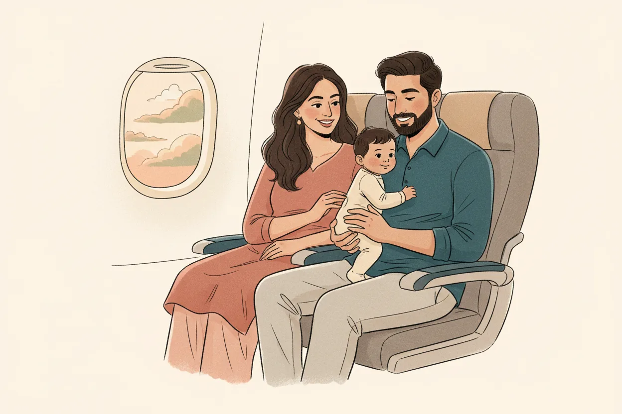 Indian parents sitting together in airplane seats, father holding their baby by the window