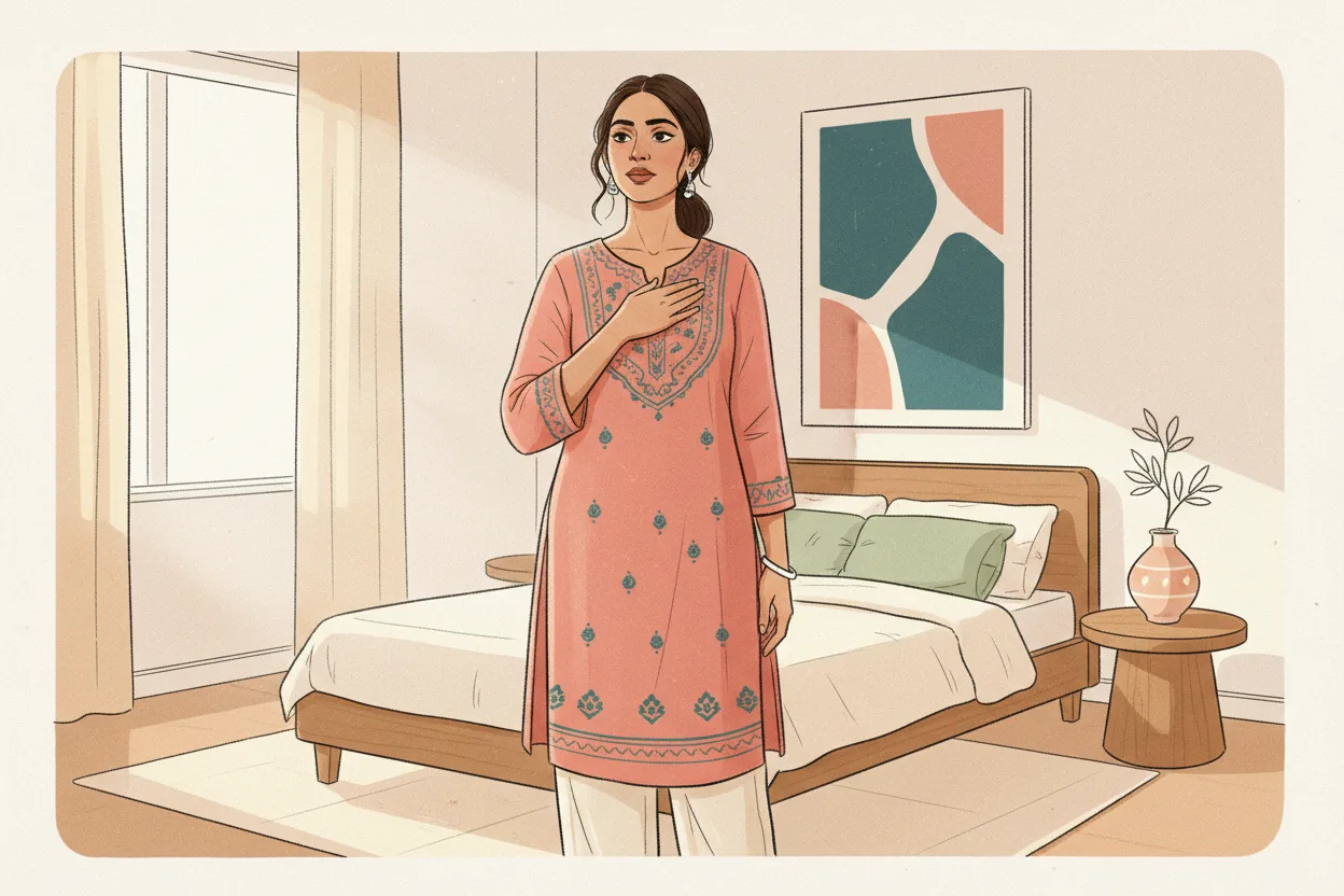 A modern Indian woman in a kurta stands in a bright, tidy bedroom with a thoughtful expression, one hand resting on her chest