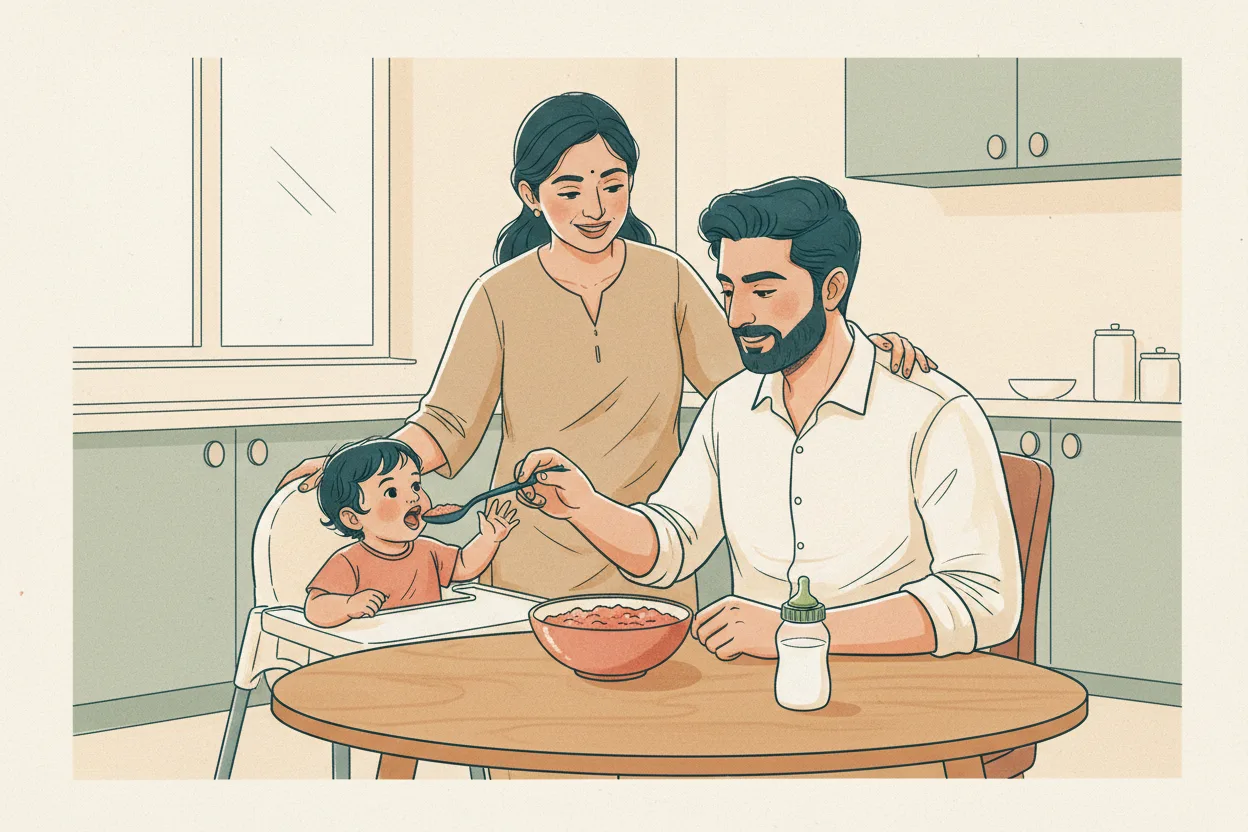 An Indian father spoon-feeds his baby in a high chair at the kitchen table while the mother looks on, a milk bottle sitting nearby