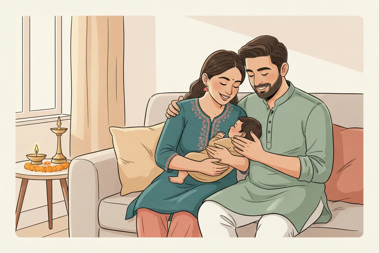 A modern Indian mother and father sitting together on a sofa at home, both gently smiling down at their baby with a full head of hair, a lit diya and marigold garland softly out of focus on a side table nearby