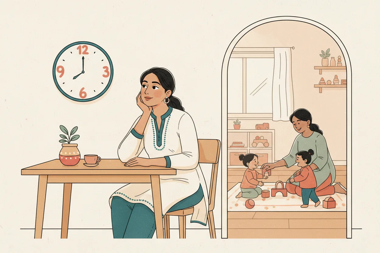 An Indian mother sits at her kitchen table watching the clock while, through a doorway, a caregiver plays with toddlers in a bright daycare room.