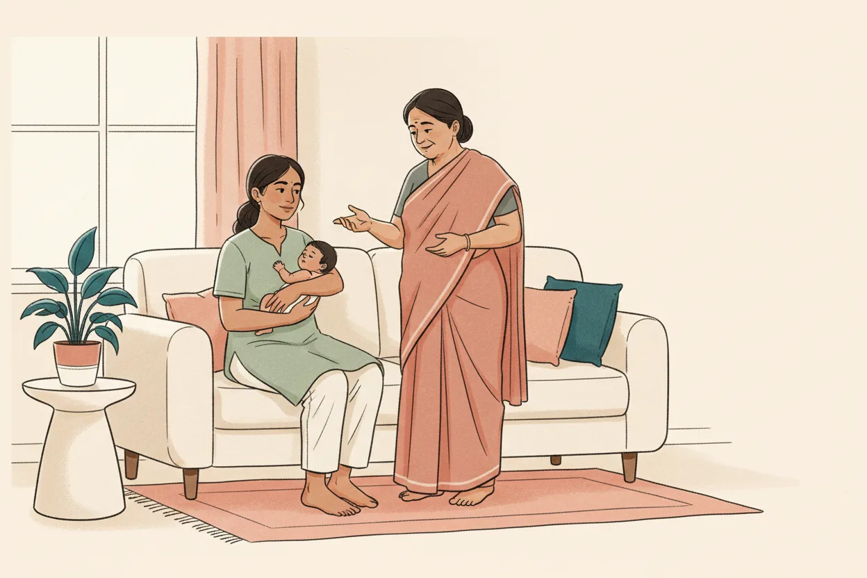 An Indian mother sits on a sofa holding her newborn while an older nanny in a saree stands beside her, gesturing mid-conversation as if offering unsolicited advice, in a tidy modern living room