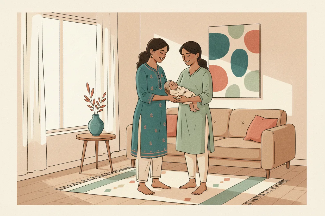 An illustration of an Indian mother gently handing her sleeping newborn to a nanny in a bright, modern living room.