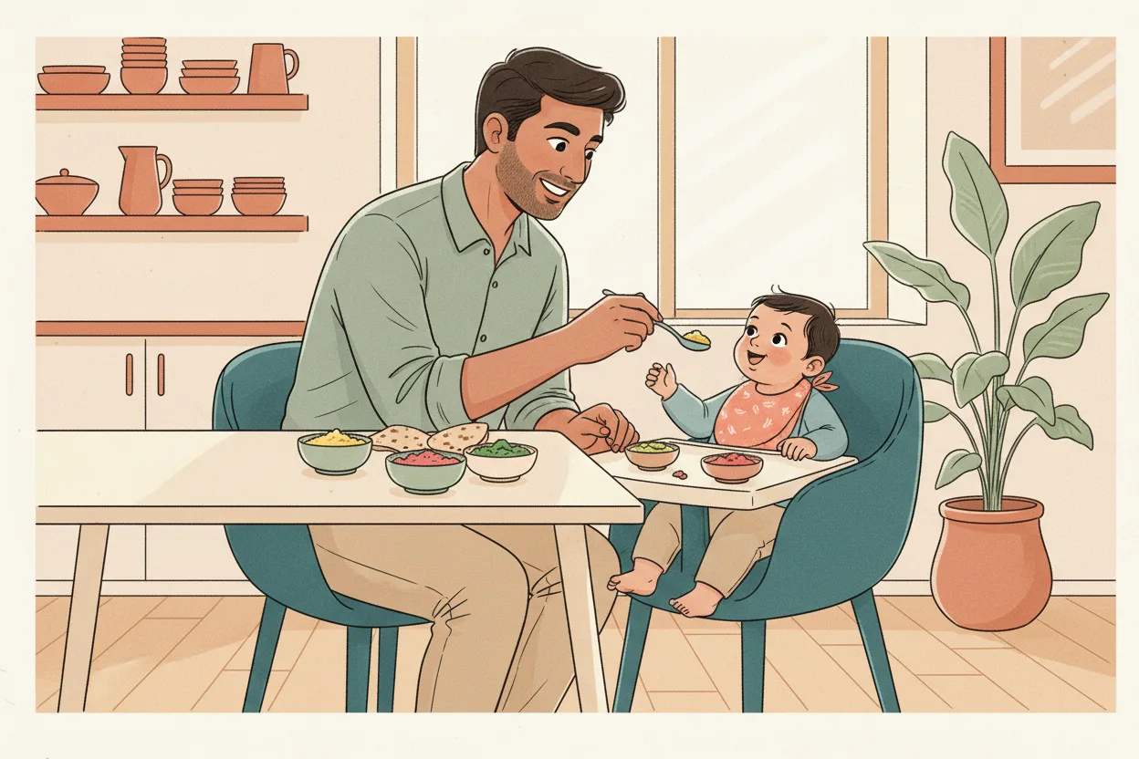 Illustration of a modern Indian father cheerfully spoon-feeding his 7-8 month old baby from small bowls of colorful mashed foods while the baby sits in a high chair at home