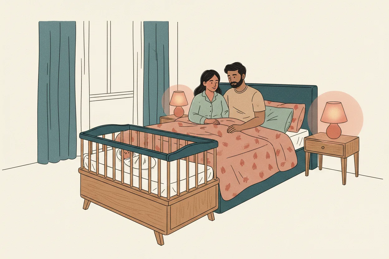 An Indian mother and father sit together on their bed at night beside a bedside cot, where their newborn sleeps on a bare fitted sheet