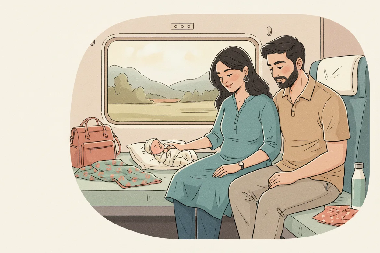 A swaddled newborn sleeping on a made-up berth inside an Indian train compartment, with both parents seated close by watching over the baby.