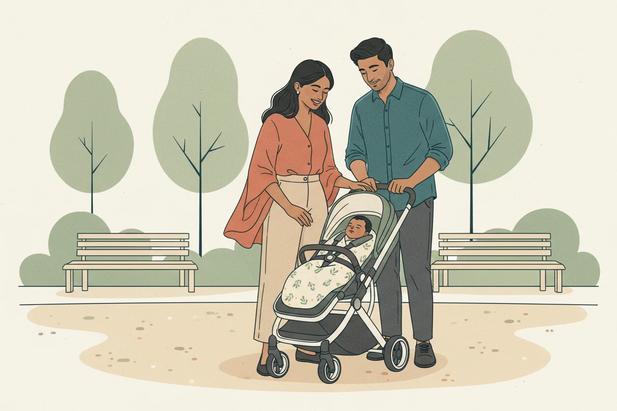 An Indian mother and father together in a park, looking down at their newborn lying reclined flat in a modern stroller