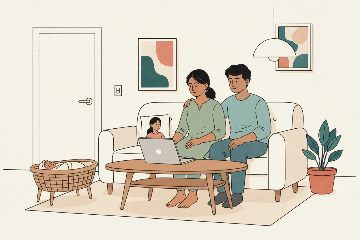 An Indian mother and father sitting together on a sofa in a bright, tidy living room, having a warm video call with a therapist on a laptop, with their sleeping baby in a bassinet nearby