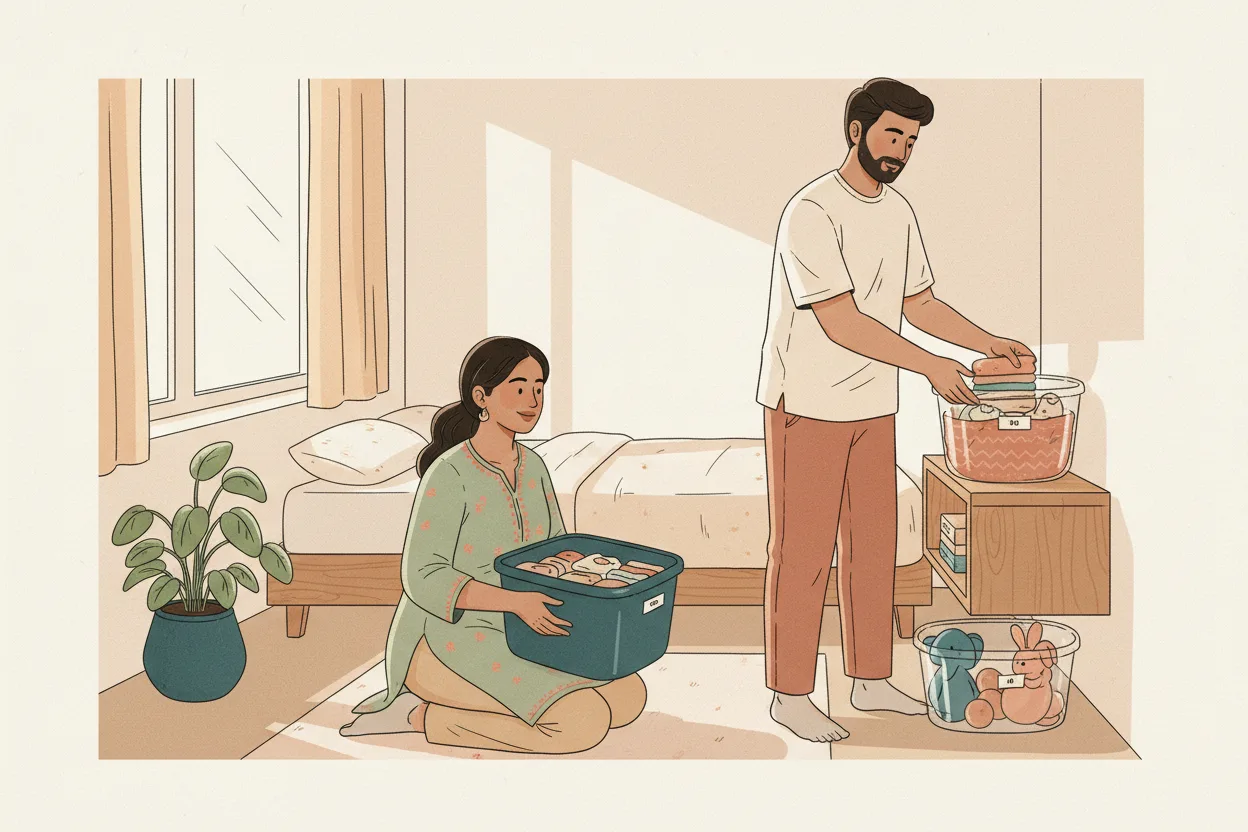 An Indian mother and father together in a small tidy bedroom, sorting baby clothes and toys into labeled clear storage bins
