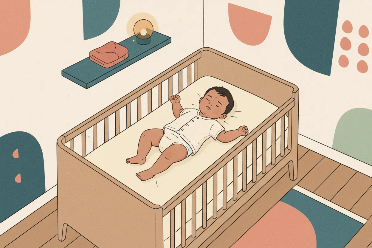 Illustration of an Indian baby sleeping safely on their back in a diaper in a crib at night, lit by a small nightlight
