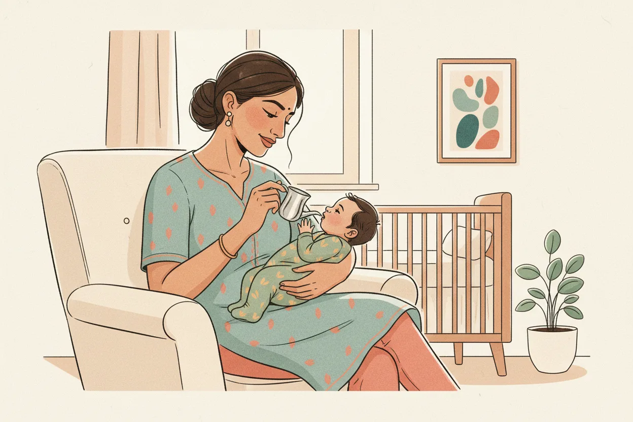Illustration of an Indian mother in a modern nursery gently feeding her newborn with a paladai, the traditional beaked metal cup, tilted to the baby's lips