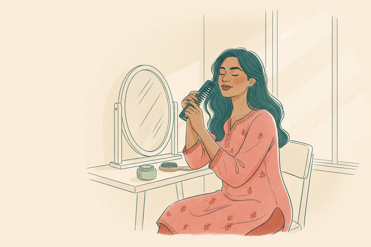 A modern Indian woman sits at a dressing table in a bright, tidy bedroom, gently combing her long hair with a wide-tooth comb in front of a mirror, a jar of moisturiser beside her