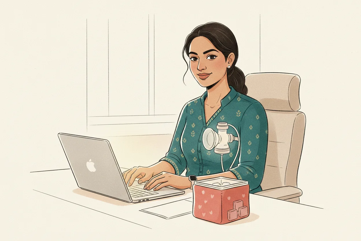 A modern Indian working mother uses a wearable hands-free breast pump at her office desk while working on her laptop, an insulated cooler bag beside her